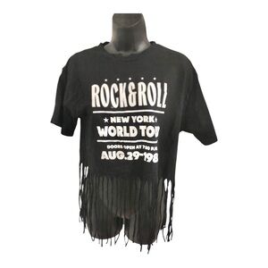 Rock & roll New York World 1987 concert black fringed hem tshirt size small new